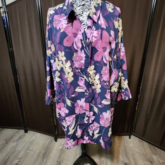 Catherines  floral georgette button down roll tab sleeves  3x nwt work Wear - Picture 2 of 12